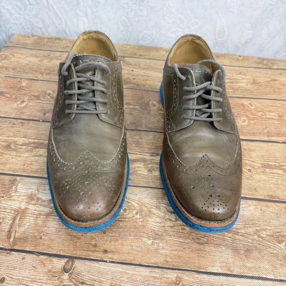 Cole Haan Mens 10 Brown Leather Lunargrand Wingtip Oxford Blue Sole Quiet Luxury